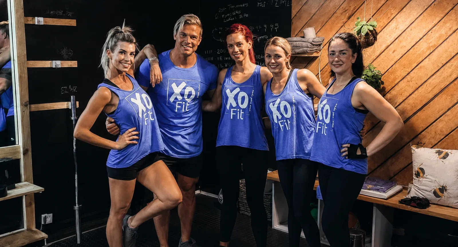 A group of members wearing XO Fit shirts at the gym